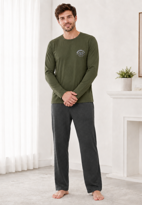 Pijama barbati Serena cu maneca lunga si pantalon lung- Verde,Engros